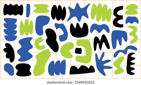 Abstract shapes in blue, green, and black. Blue shapes, green shapes, and black shapes create a vibrant abstract pattern. Colorful vector set.