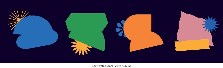 Abstract shapes in blue, green, orange, and pink with starburst accents on a dark background. Colorful abstract design with geometric shapes and vibrant colors. Element with copy space, vector set.