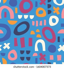 Abstract shapes blue pink orange white seamless vector kids pattern. Contemporary geometric elements puzzle mosaic background. Modern happy children print. Use for kids decor, fabric, packaging 