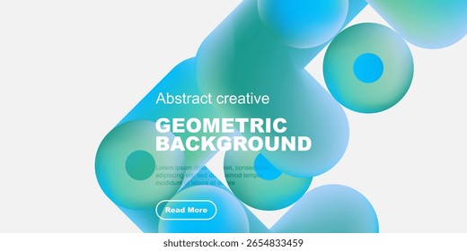 Abstract shapes, blue tones, geometric design. Modern background with text, button included. Clean, simple presentation.
