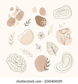 Resumen Formas Boho Floral simple minimalista conjunto de arte dibujado a mano. Ilustraciones estéticas modernas. Colección de estilo bohemio de elementos de diseño artístico contemporáneo.