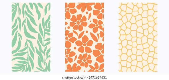  Abstract shapes and botanical elements boho wall decor. Minimalist and natural wall art. Modern art print collection vector illustration. Organic doodle shapes in trendy retro style.