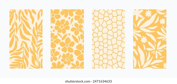  Abstract shapes and botanical elements boho wall decor. Minimalist and natural wall art. Modern art print collection vector illustration. Organic doodle shapes in trendy retro style.