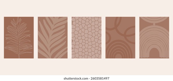 Abstract shapes and botanical elements boho wall decor. Minimalist and natural wall art. Modern art print collection vector illustration for wall decoration, home gallery, postcard, brochure	