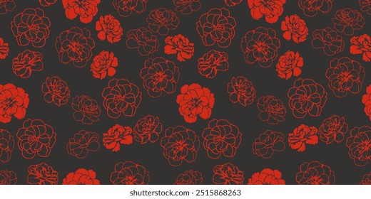 Formas abstratas botão-de-ouro, flores de pansies padrão sem costura em um fundo preto. Silhuetas de contorno vermelho, linhas, impressão floral contornado. Mão de vetor desenhada. Ornamento de natureza lisa para desenhos