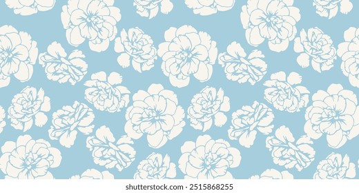 Formas abstratas botões-botões, paixões padrão perfeito em um fundo azul pastel. Bi cor contorno silhuetas flores imprimir. Mão de vetor desenhada. Ornamento de natureza lisa para desenhos