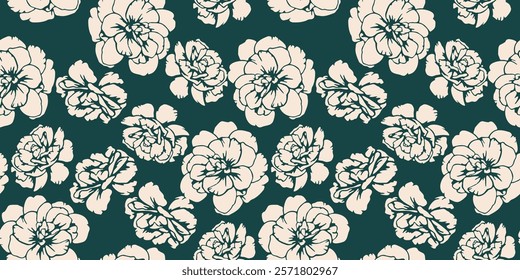 Abstract shapes buttercups, pansies seamless pattern on a dark green background. Bi color contour silhouettes flowers print. Vector hand drawn. Plain nature ornament for designs