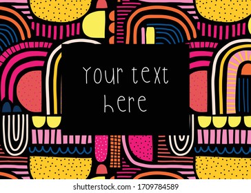 Abstract shapes card vector template. Colorful doodle shapes collage pattern on black. Cute playful vibrant card template with editable text. Modern design for kids, party invite, flyers, cards