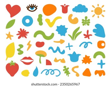 Abstract shapes cartoon elements in flat style. Vector thunder and bolt multicolor trendy objects, flowers and clouds, fruits and colorful shapes, sun and glass, lips and mushroom