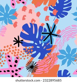 Abstract shapes, cartoon grunge texture, brush strokes, doodle, tropics florals background. Geometric minimal elements, tropical leaves seamless pattern. Vector art for cover, template, fabric design