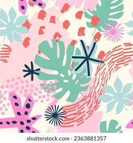 Abstract shapes, cartoon grunge texture, brush strokes, doodle, tropics florals background. Geometric minimal elements, tropical leaves seamless pattern. Vector art for cover, template, fabric design