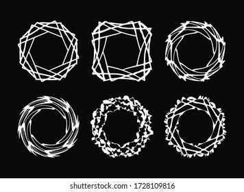 Abstract shapes. Chalk drawing. Circle and Square shapes. Linear geometric frames. Ink grunge frame border. Empty shapes isolated on black. Vector illustration.