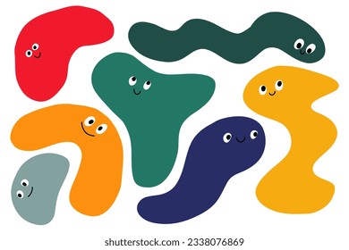 Abstract shapes character with face emotions, different cartoon form. Cute colorful organic shapes, trendy colors. Hand drawn vector illustrations for children education.