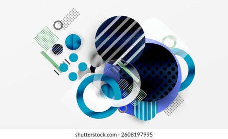 Abstract shapes, circles, lines, dots. Blue, dark blue, green colors. Modern design, overlapping elements, dynamic composition. Bright, vibrant, stylish.