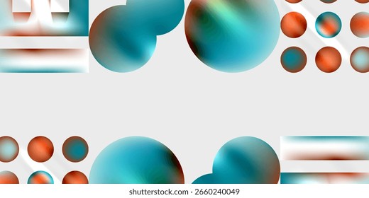 Formas abstratas, círculos e linhas apresentam gradientes suaves. Tons cor de laranja e azul-petróleo dominam a composição. Design minimalista, estética moderna.