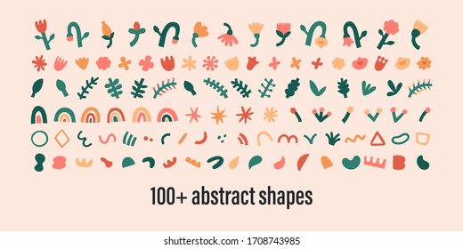 Abstract shapes collection, isolated contemporary art doodles, bundle of flowers, swirls and dots leaves. Linocut stamp shapes, abstraction generator. colorful blot. Trendy motley illustration