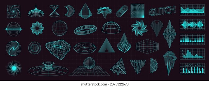 Abstract shapes collection is a trending mixture modern diverse design elements, geometric shapes. Cyberpunk retro futurism set, vaporwave. Memphis design elements for web, advertisement,posters