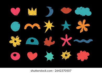 Abstract shapes with colored pencil texture, Crayon hand drawn in childish style, Texture colored chalk, basic shapes of pencils, vector illustration.