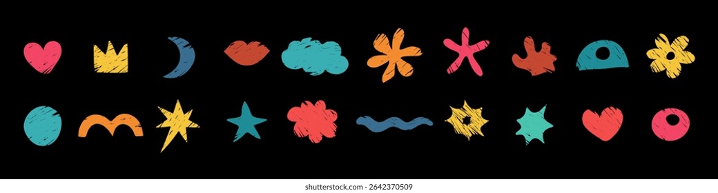Abstract shapes with colored pencil texture, Crayon hand drawn in childish style, Texture colored chalk, basic shapes of pencils, vector illustration.
