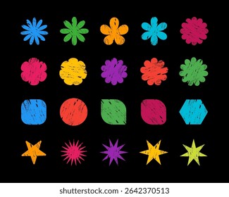 Abstract shapes with colored pencil texture, Crayon hand drawn in childish style, Texture colored chalk, basic shapes of pencils, vector illustration.