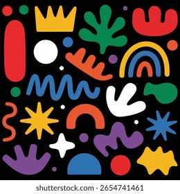 Formas Abstractas y Elementos coloridos sobre un fondo negro que crean un estilo de diseño de composición lúdico