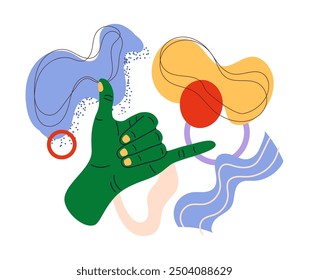 Abstract shapes. Colorful figures collage. Flat circles. Hand gesture. Doodle forms. Curve spots. Phone calling fingers. Simple lines. Communication icon. Minimal ovals. Vector geometric trendy poster