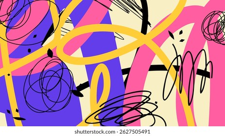 Abstract shapes with colorful modern art. Graffiti scribble pattern background, fun theme, playful. Artistic doodles vector illustration. Contemporary art for fabric and print