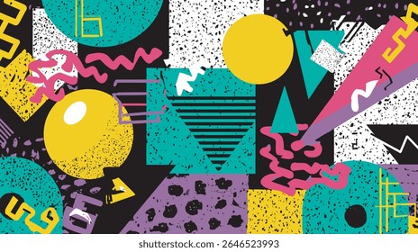 Abstract shapes create dynamic background featuring vibrant colors blocks