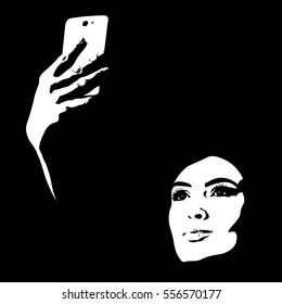 Abstract shapes creative portrait of young woman taking selfie.  Easy editable layered vector illustration. 