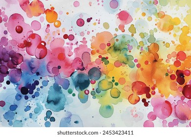 Abstract shapes dance in a vibrant symphony of watercolor droplets, forming a dreamlike scene.