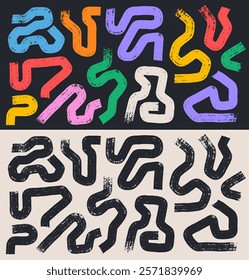 Abstract shapes in doodle grunge style brush in multi colored, black and white. Squiggles, circles, infinity sign, dots and wavy bold lines set. Collection of vector with colorful geometric elements.