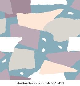 Abstract shapes and dots seamless pattern. Pieces of torn paper. Flat simple minimalist colorful  background. Collage elements texture for textile, fabric, wrapping paper. Vector