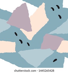 Abstract shapes and dots seamless pattern. Pieces of torn paper. Flat simple minimalist colorful  background. Collage elements texture for textile, fabric, wrapping paper. Vector