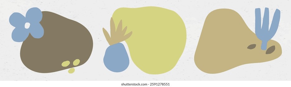 Abstract shapes in earthy tones with blue accents. Organic forms include a flower, pear, and fork. Earthy, abstract, and organic design elements. Cute shapes, element set.