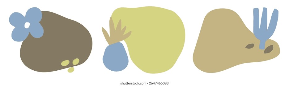 Abstract shapes in earthy tones with blue accents. Organic forms and earthy colors create a harmonious abstract design. Blue adds contrast to earthy shapes. Cute shapes, element set.