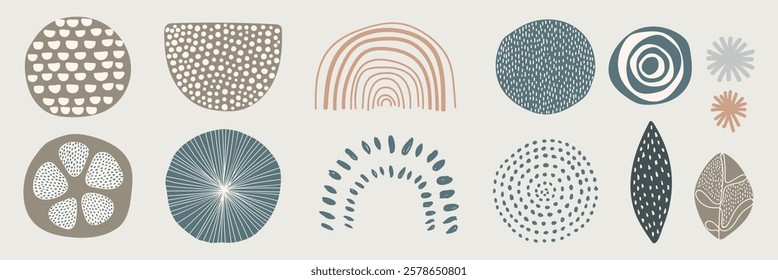 Abstract shapes in earthy tones, featuring circles, arcs, and dots. Organic shapes, earthy tones, and abstract design create a calming, artistic vibe. Memphis elements, vector set.