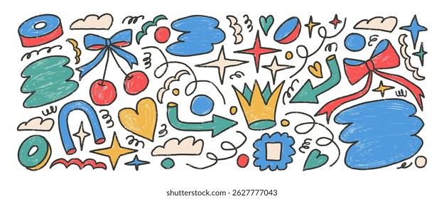 Abstract shapes elements crayon drawn set. Naive multi colors doodle figures on white background. Cute crown, cherry with bow, heart and geometric forms. Vector childish funky illustration by pencil.