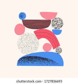 Abstract shapes, elements vector illustration. Cool colorful abstract art collage in bright bold colors. Organic, nature geometric shapes with doodles, grainy grunge texture on white background.