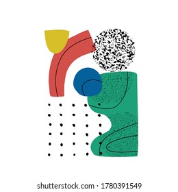 Abstract shapes, elements vector illustration. Cool colorful abstract art collage. Organic, nature geometric shapes with doodles, grainy grunge texture isolated on white background.