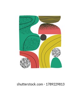 Abstract shapes, elements vector illustration. Cool colorful abstract art collage in bright bold colors. Organic, nature geometric shapes with doodles, grainy grunge texture on white background.
