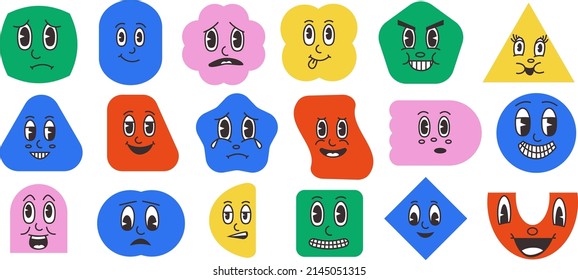 Abstract shapes with faces. Cartoon clip art mascot characters with funny retro faces. Vector comic forms. Educational objects with different emotions as sadness, happiness