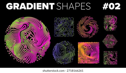 Abstract shapes featuring swirling lines and dot patterns in vibrant neon gradients of pink, green, yellow, and purple on a black background. Conceptual vector illustration for modern art projects.