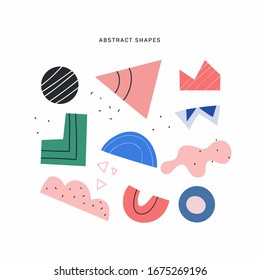 Abstract Shapes, Figures Vector Illustrations Set. Circles And Triangles Doodle Color Drawings Collection. Abstraction, Hand Drawn Geometric Shapes Pack Isolated On White Background