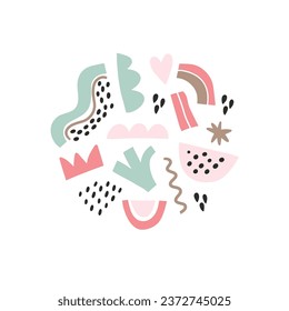 Formas abstractas, ilustraciones vectoriales de figuras establecidas. Colección de dibujos en color de garabatos de los círculos y triángulos. Abstracción, las formas geométricas dibujadas a mano empaquetan aislado en fondo blanco