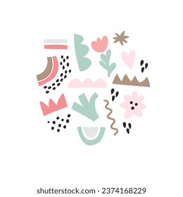 Abstract shapes, figures vector illustrations set. Circles and triangles doodle color drawings collection. Abstraction, hand drawn geometric shapes pack isolated on white background