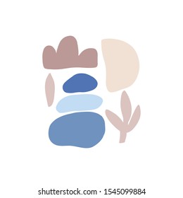 Abstract shapes flat vector illustrations set. Geometric backdrop. Hand drawn pebble pyramid, leaf isolated on white background. Hipster print, modern wallpaper design element. Trendy figure decor