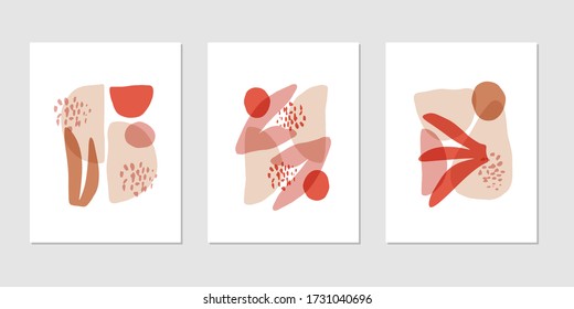 Abstract shapes flat vector illustrations set. Geometric backdrop. Hand drawn circles, pebble, plant isolated on white background. Hipster print, modern wallpaper design element. Trendy figure decor.