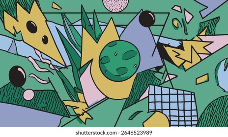 Formas abstratas flutuam dentro de composição geométrica colorida pano de fundo arte moderna