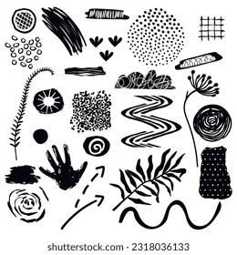 Abstract shapes and floral elements collection. Black color silhouettes isolated on white.Rough lines,grunge stains and free hand dots.Arrows,zigzags and lattice.Human palm print .Vector clip art set.