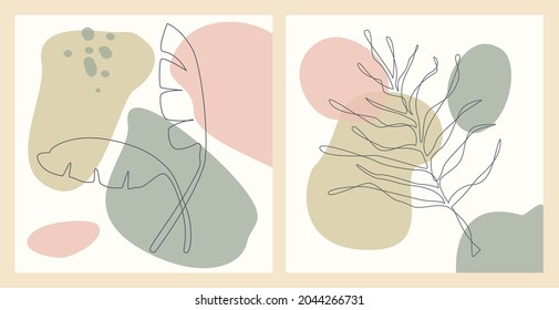 abstract shapes and floral outlined element artistic decor textures, soft pastel earthy color palette modern background, wall art contemporary minimalist square print, vector illustration graphic